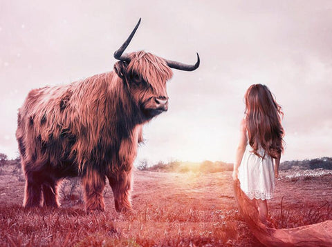 Image of Diamond Painting of a Little Girl Standing Near a Bison