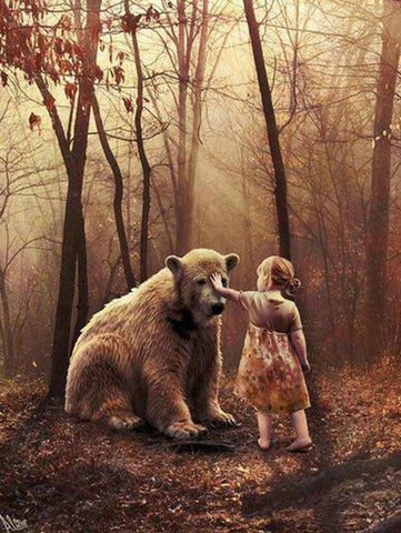 Image of Diamond Painting of a Little Girl Touching a Bear Cub