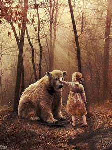 Diamond Painting of a Little Girl Touching a Bear Cub