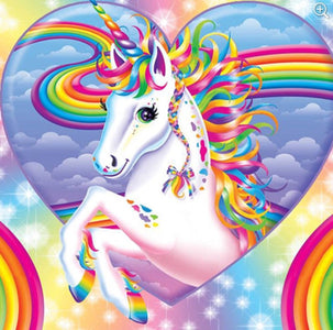 This diamond painting kit features a mythical unicorn with a heart-shaped symbol and a colorful rainbow mane.