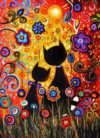 Image of Diamond painting featuring two playful cartoon cats in a field of flowers.