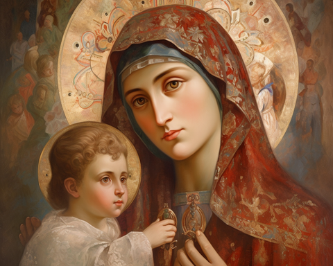 Image of A diamond painting of the Virgin Mary holding the baby Jesus, a classic religious artwork.