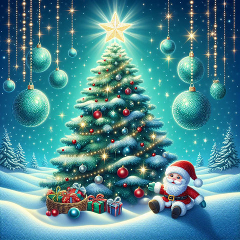 Image of Diamond painting of a magical Christmas tree glowing with colorful lights and ornaments.