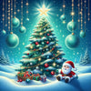 Diamond painting of a magical Christmas tree glowing with colorful lights and ornaments.