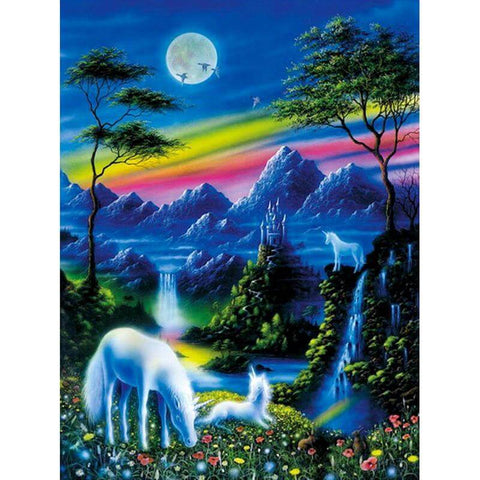 Image of Diamond painting: unicorns standing in a magical forest with mountains in the background.