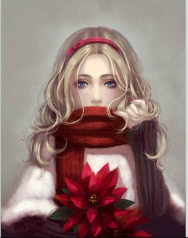 Image of DIY Magical Girl in Red Sweater with Flower Diamond Painting