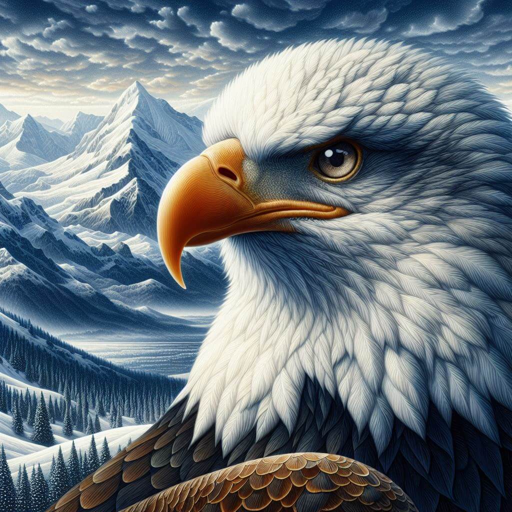Detailed close-up of a bald eagle with a majestic expression, set against a backdrop of snow-capped mountains.