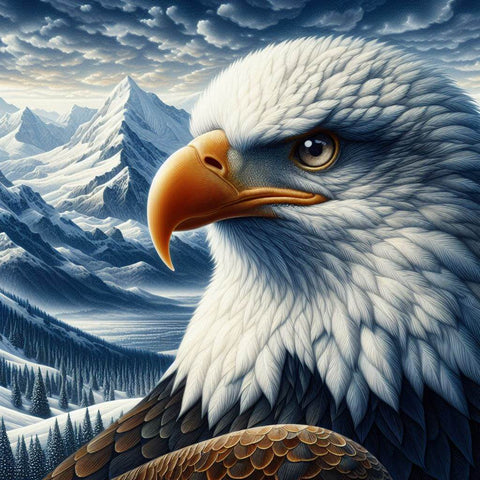 Image of Detailed close-up of a bald eagle with a majestic expression, set against a backdrop of snow-capped mountains.