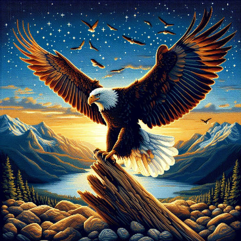 Image of bald eagle diamond painting sunset mountain lake wildlife