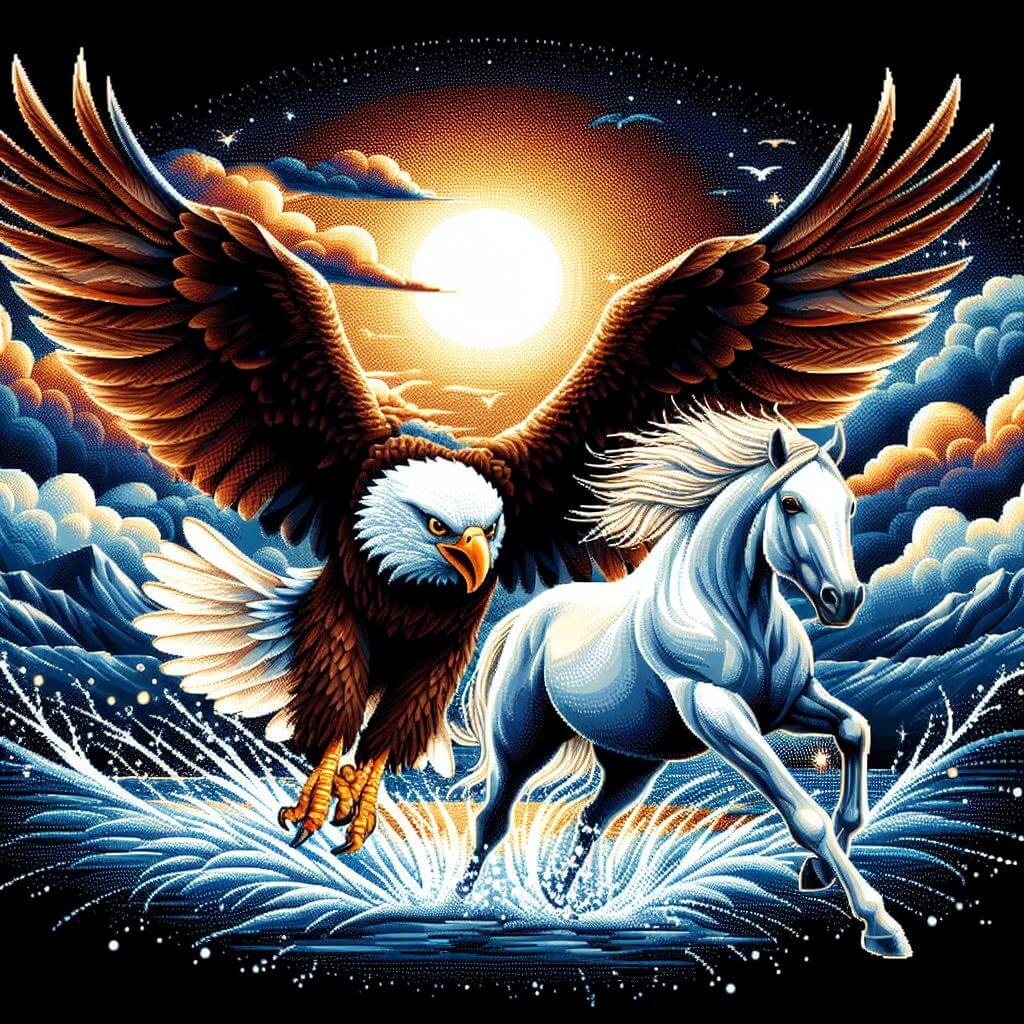 Diamond painting featuring a bald eagle soaring in flight alongside a horse.