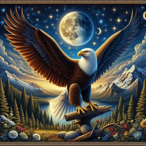 Image of Diamond painting artwork featuring a majestic eagle soaring under the moonlight.