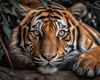 Diamond painting of a majestic Bengal tiger with a powerful gaze, ready to hunt.