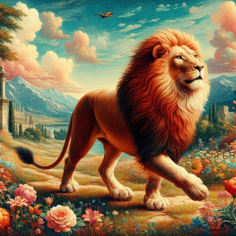 Image of Diamond painting of a majestic lion walking on the savanna 