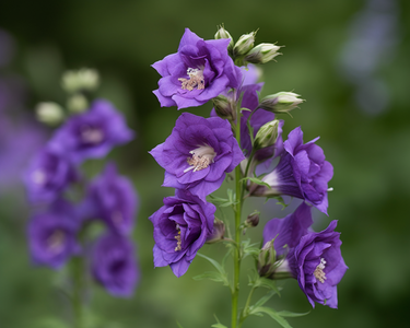 Diamond painting of a cluster of majestic purple Delphinium flowers.