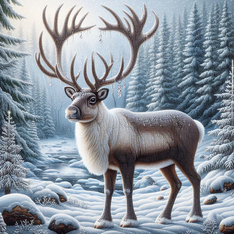 Image of Diamond painting of a majestic reindeer standing tall in a snowy forest.