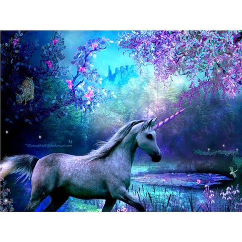 Image of Diamond painting: White unicorn standing in a magical forest. 