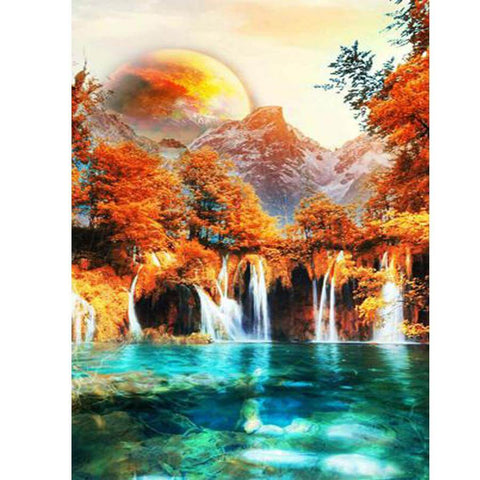 Image of Diamond Painting of a Majestic Waterfall with a Large Moon and Autumn Foliage