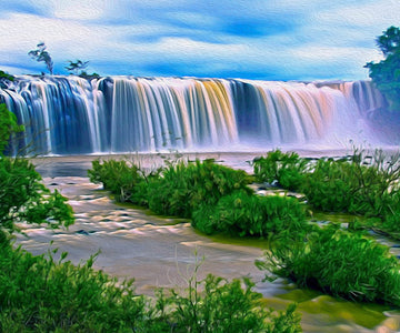 Diamond Painting of a Majestic Waterfall with Lush Green Vegetation