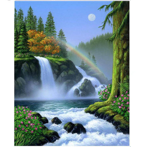 Image of Diamond Painting of a Majestic Waterfall with a Rainbow and Moonlit Forest