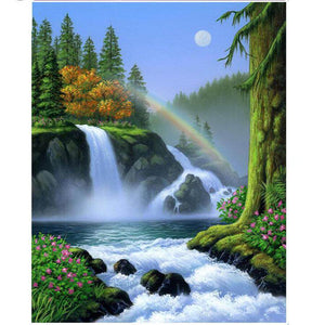 Diamond Painting of a Majestic Waterfall with a Rainbow and Moonlit Forest