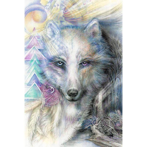 Image of A shimmering diamond painting showcasing a portrait of a white wolf with stunning eyes.