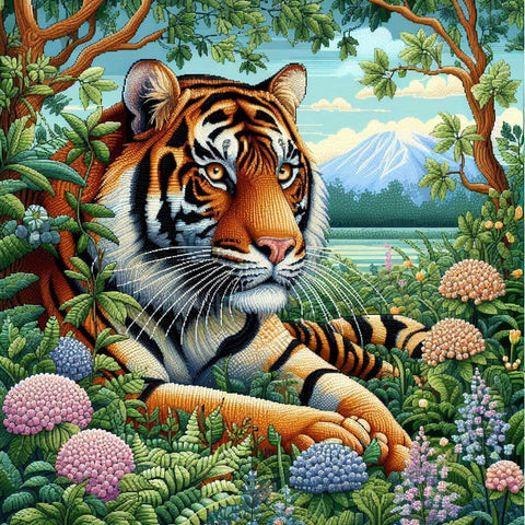 Image of Tiger resting in a forest diamond painting