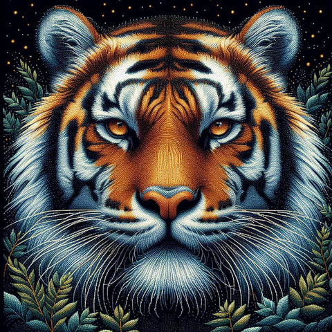 Image of Majestic tiger portrait in a diamond art piece with starry night details.