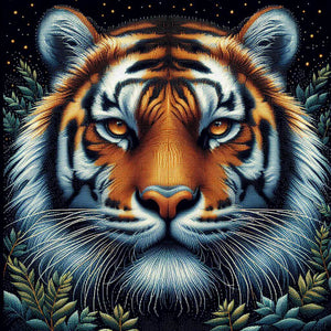 Majestic tiger portrait in a diamond art piece with starry night details.