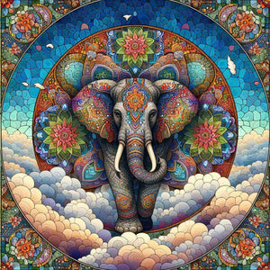 Diamond painting of a colorful mandala elephant with intricate patterns. 