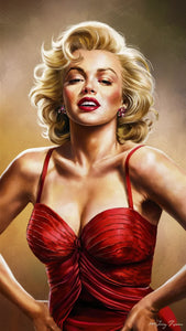 Diamond painting of Marilyn Monroe in her iconic red dress.