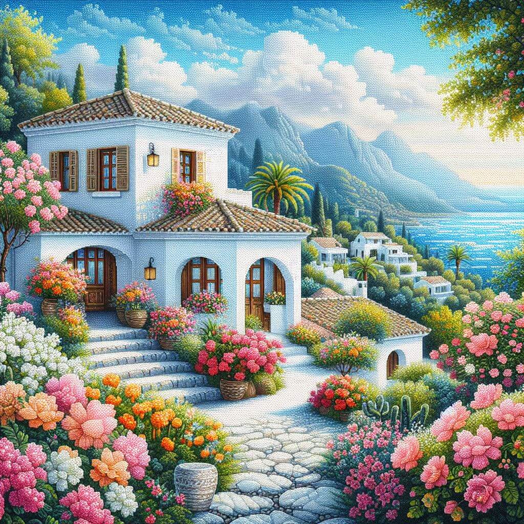 Diamond painting artwork of a Mediterranean style house surrounded by colorful flowers.