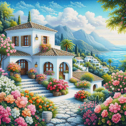 Image of Diamond painting artwork of a Mediterranean style house surrounded by colorful flowers.