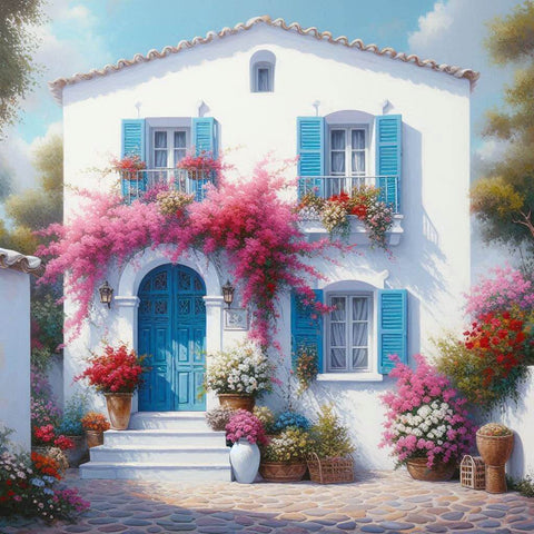 Image of Diamond painting depicting a traditional Greek house with blue accents