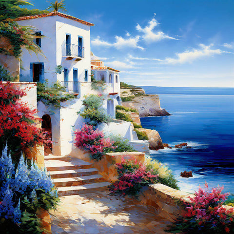 Image of Diamond painting artwork of a colorful Mediterranean seaside town.