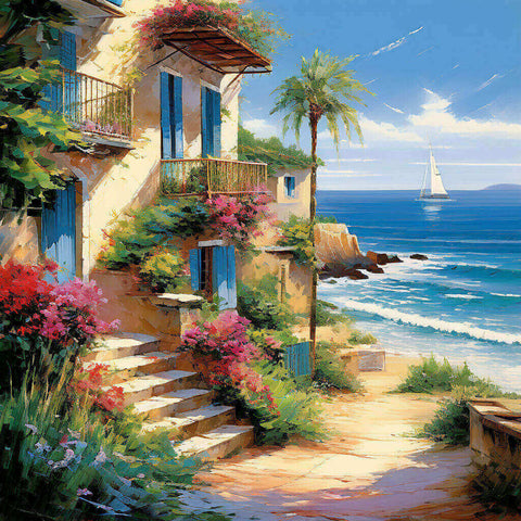 Image of Diamond painting of a scenic Mediterranean street leading down to a beautiful beach. 