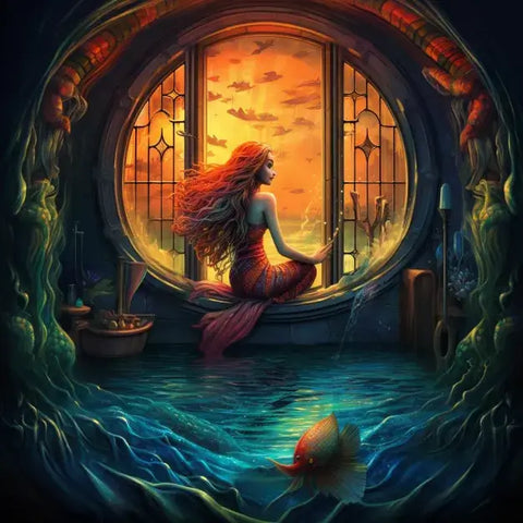 Image of A mermaid with flowing red hair sits in a circular window, gazing out at the ocean. 