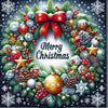 Diamond painting of Merry Christmas wreath decorated with a red bow.