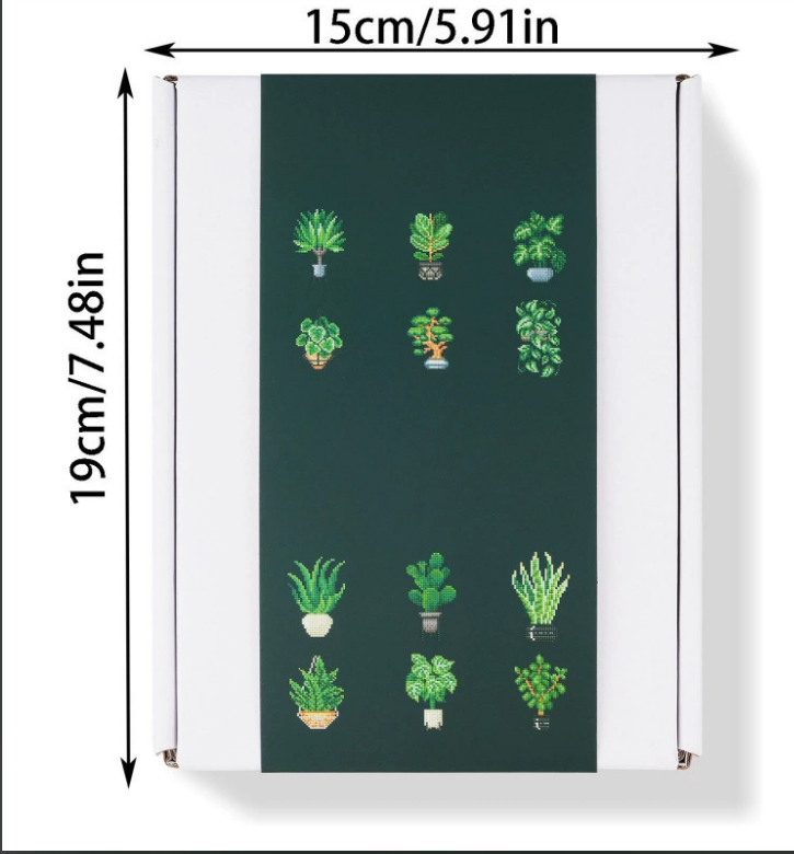 photo showing the dimensions of the mini diamond painting set box, 15cm x 19cm, with clear measurement indicators, highlighting the compact size for storage and gifting