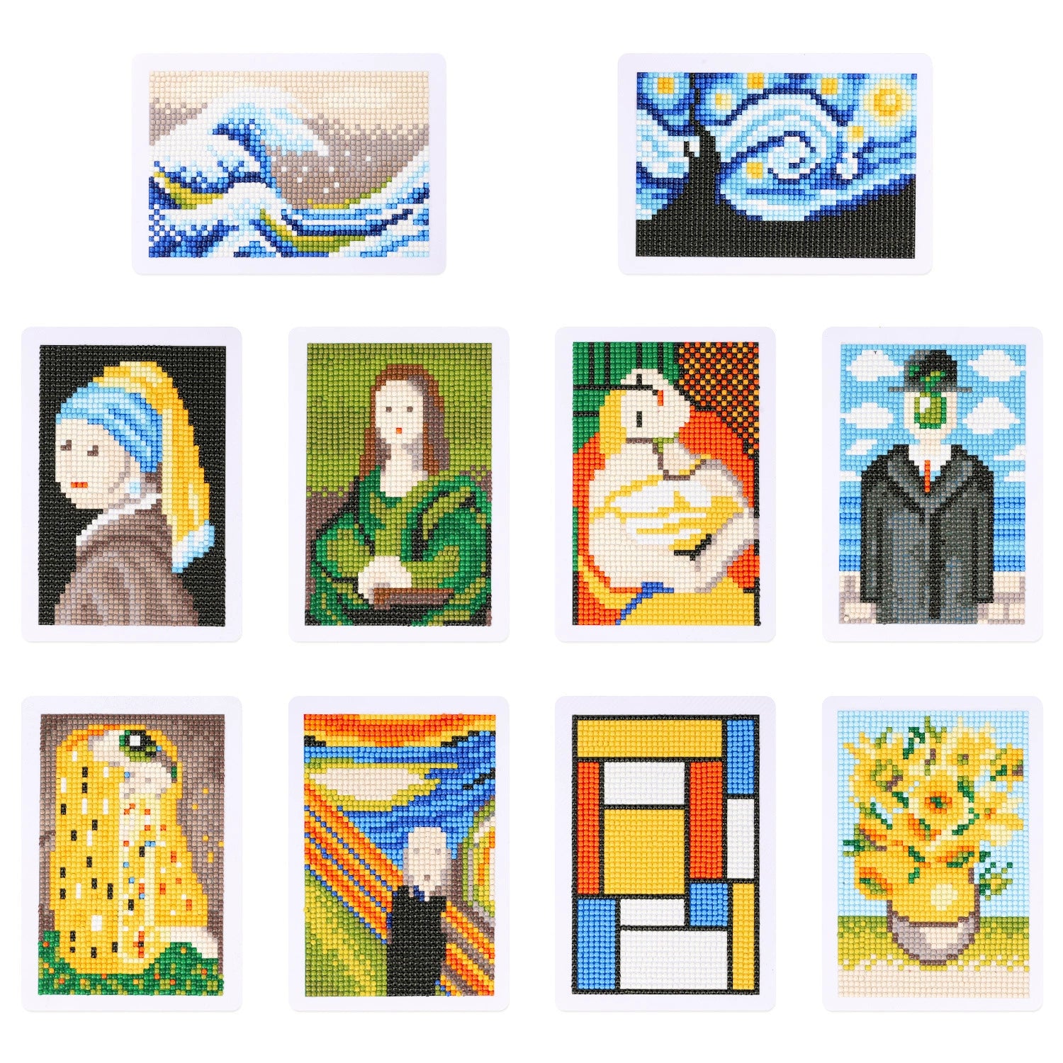set of 10 mini diamond paintings featuring iconic artworks from famous artists, including Van Gogh, Munch, Klimt, and more, perfect for art lovers and classic art enthusiasts