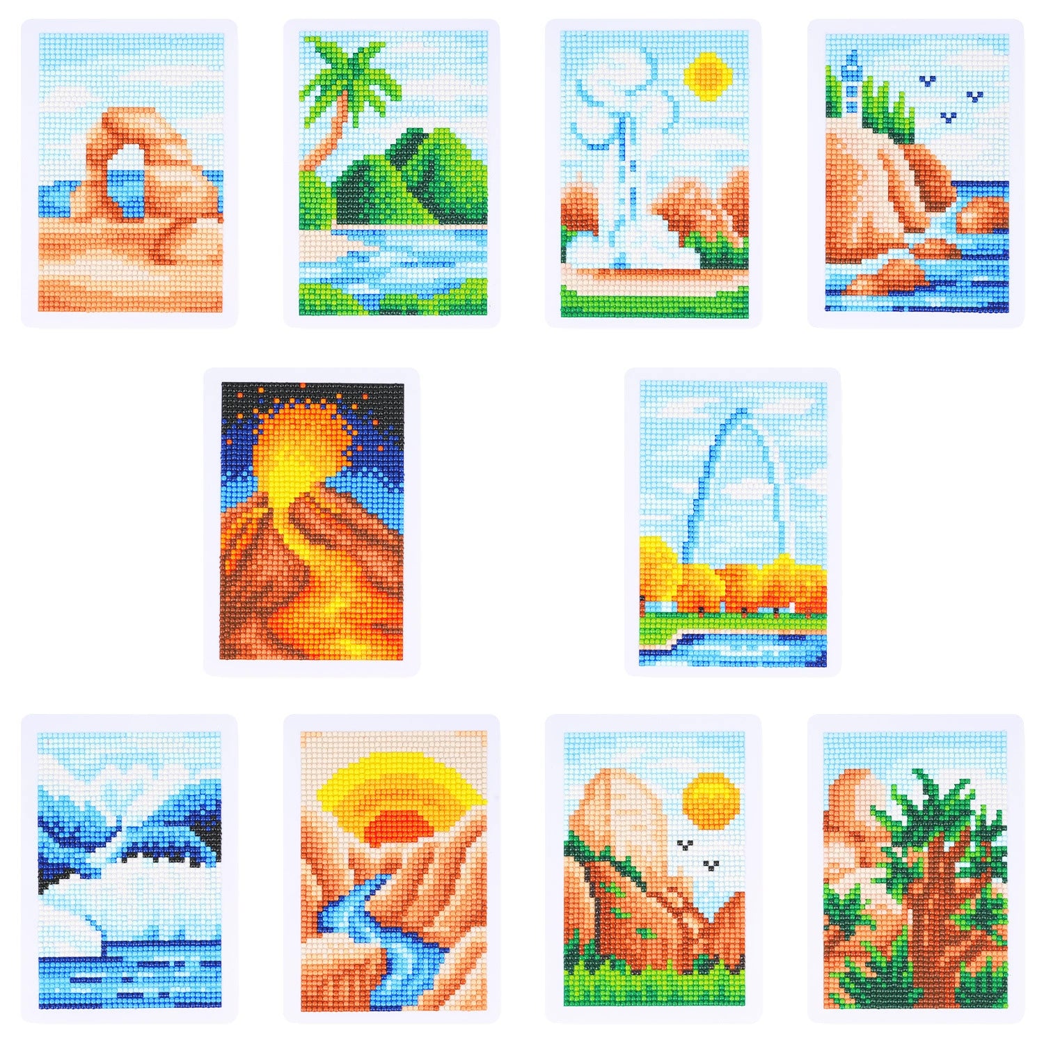 set of 10 mini diamond paintings featuring diverse travel scenery and global landmarks, including beaches, mountains, deserts, and iconic structures, perfect for travel enthusiasts and landscape art lovers