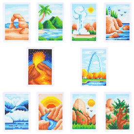 set of 10 mini diamond paintings featuring diverse travel scenery and global landmarks, including beaches, mountains, deserts, and iconic structures, perfect for travel enthusiasts and landscape art lovers