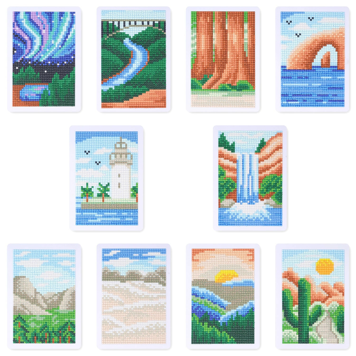 set of 10 mini diamond paintings featuring diverse scenic landscapes, including mountains, waterfalls, forests, and beaches, perfect for nature lovers and landscape art enthusiasts