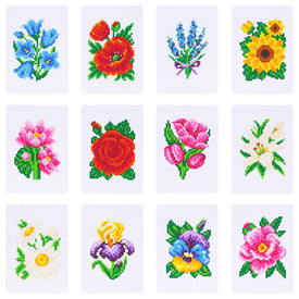 set of 12 mini diamond paintings featuring a variety of floral designs, including roses, sunflowers, lavender, and more, perfect for flower lovers and botanical art enthusiasts
