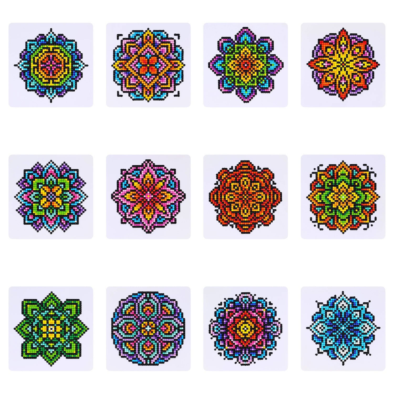 set of 12 mini diamond paintings featuring intricate and colorful mandala designs, perfect for mindfulness crafting and meditative art projects