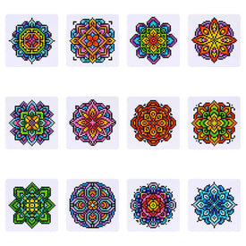 set of 12 mini diamond paintings featuring intricate and colorful mandala designs, perfect for mindfulness crafting and meditative art projects