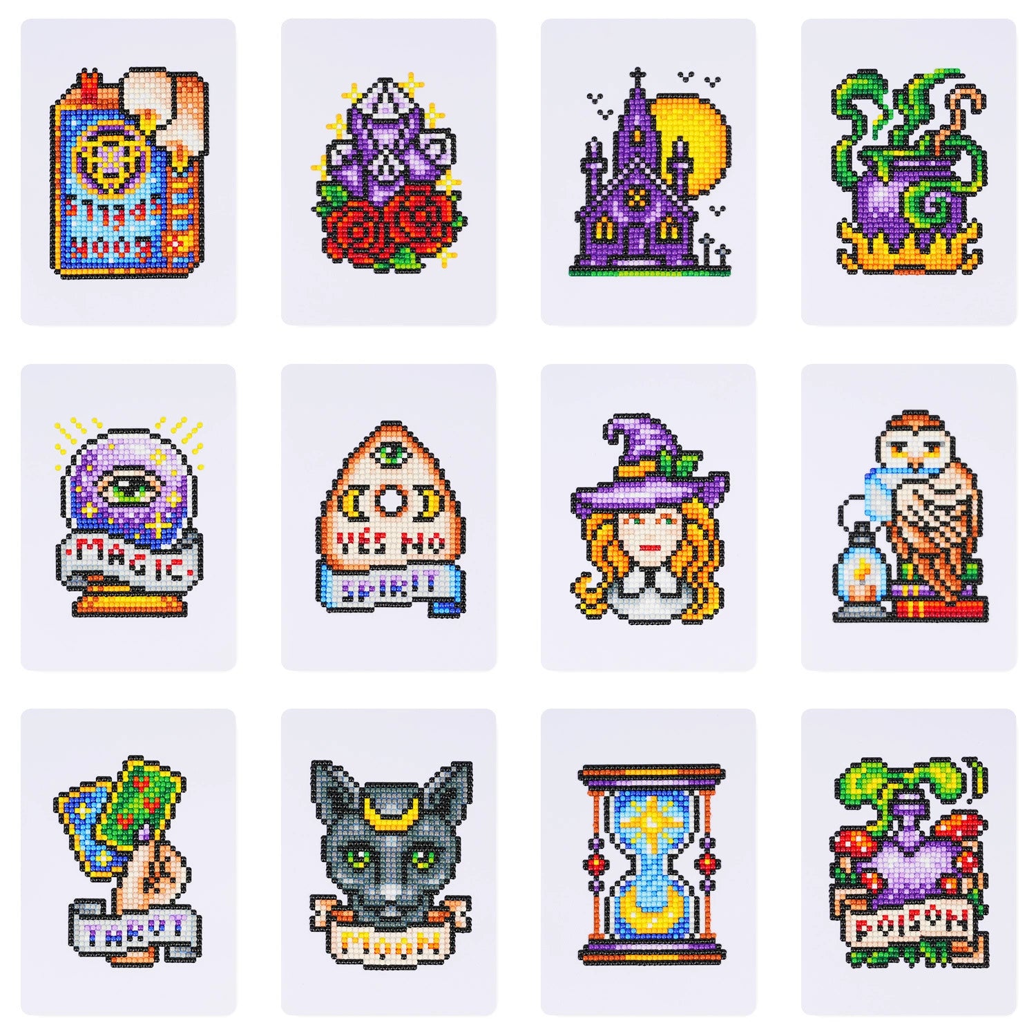 set of 12 mini diamond paintings featuring witchy and Halloween-themed symbols, including tarot cards, cauldrons, spell books, and more, perfect for Halloween crafting and spooky decor