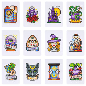 set of 12 mini diamond paintings featuring witchy and Halloween-themed symbols, including tarot cards, cauldrons, spell books, and more, perfect for Halloween crafting and spooky decor