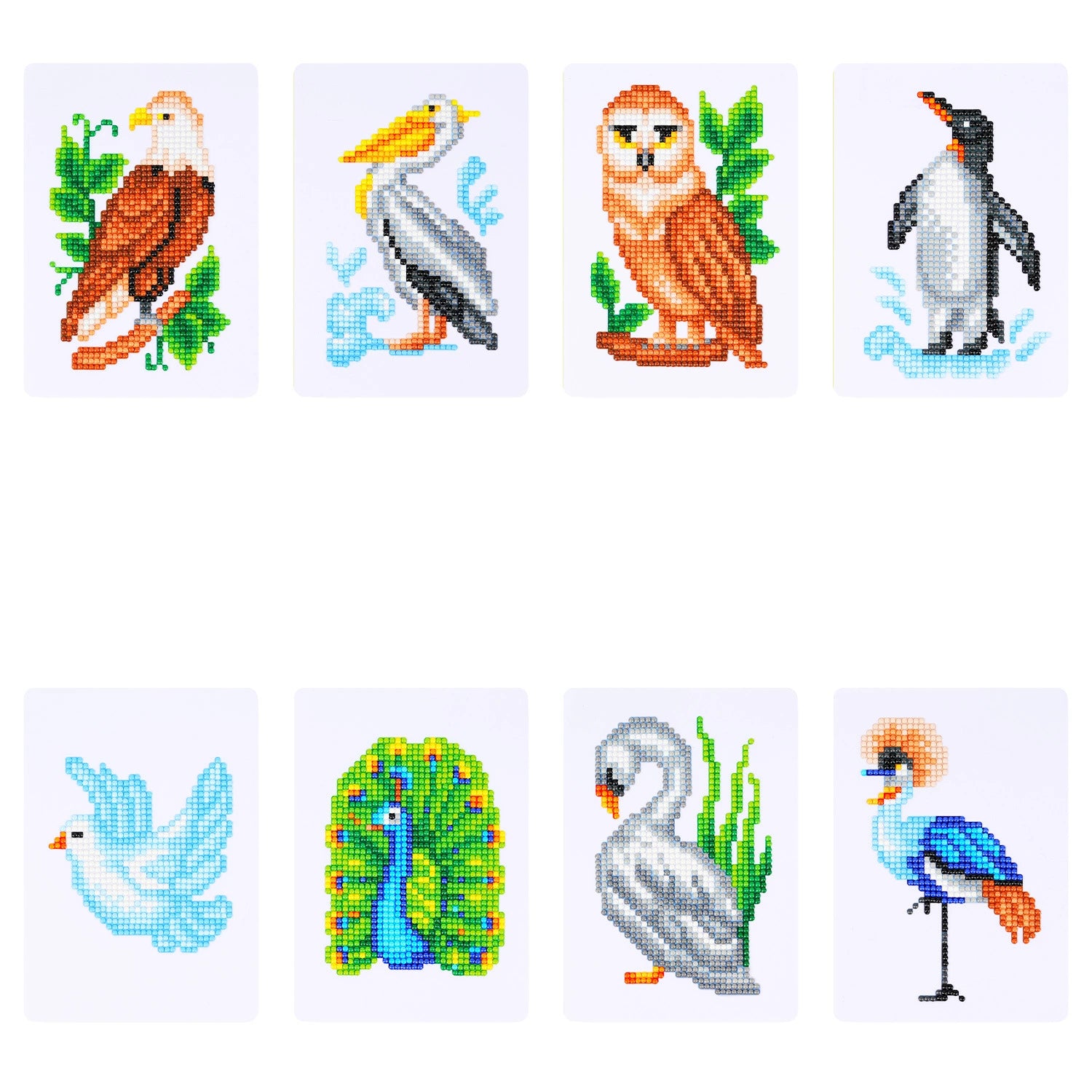 set of 8 mini diamond paintings featuring a variety of bird species, including an eagle, pelican, owl, penguin, dove, peacock, swan, and kingfisher, perfect for bird lovers and wildlife art enthusiasts