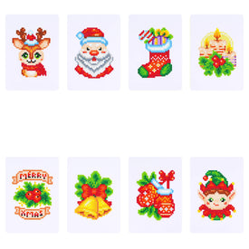 set of 8 mini diamond paintings featuring classic Christmas symbols, including Santa, reindeer, stockings, ornaments, and more, perfect for holiday crafting and festive decorations