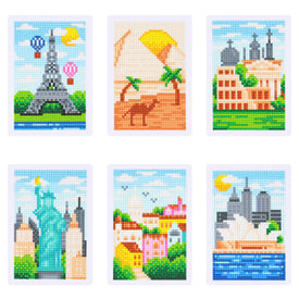 set of 6 mini diamond paintings featuring iconic world landmarks, including the Eiffel Tower, pyramids, Statue of Liberty, and more, perfect for travel enthusiasts and craft lovers